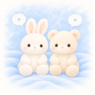 ならんで すわる ふたりの ぬいぐるみの上に ふきだしが 2つ ある絵