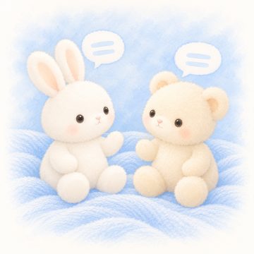 ふたりの ぬいぐるみが むかいあって はなしている絵